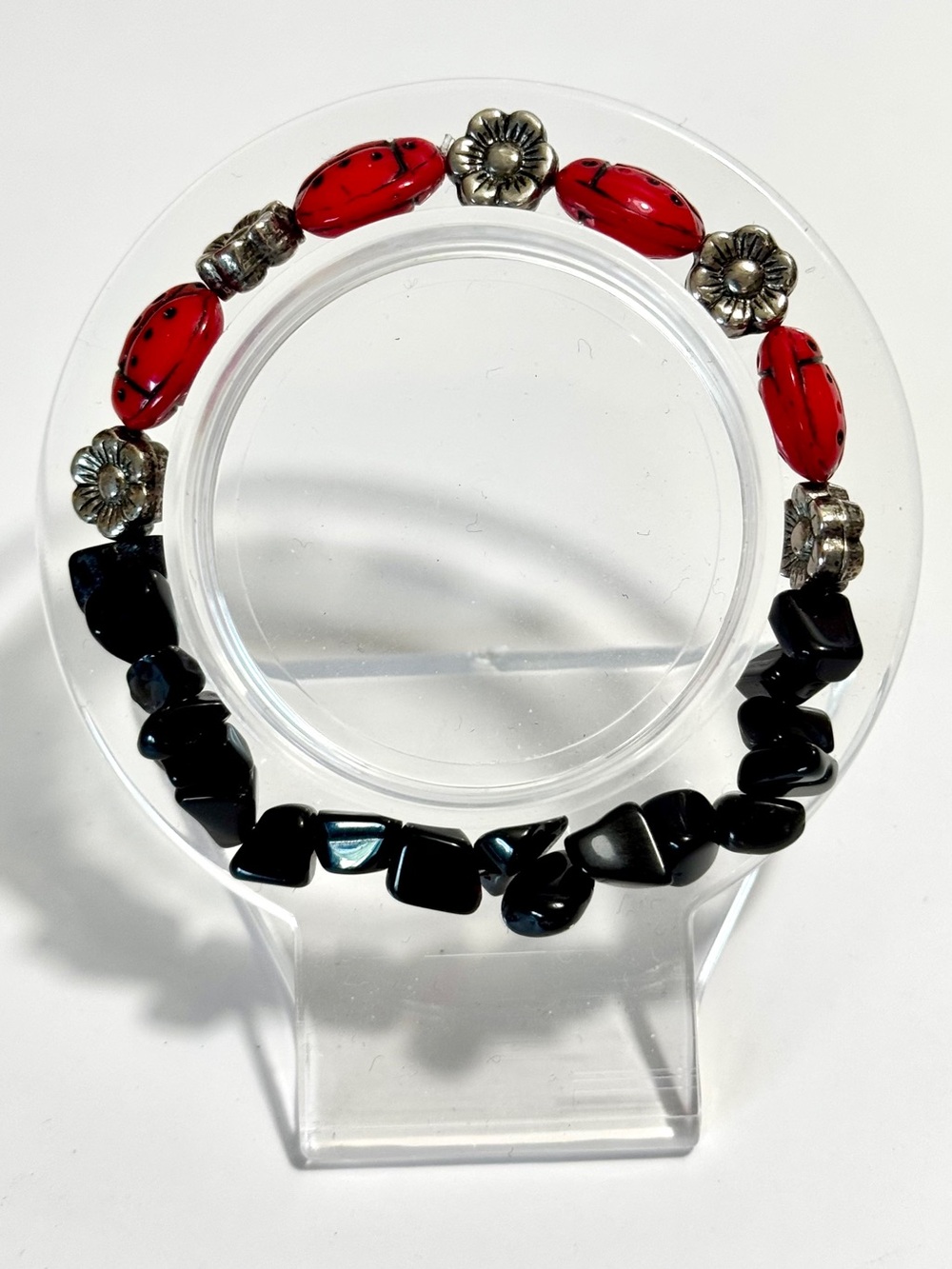 Midnight Garden Ladybug Onyx Bracelet Handmade Stretch Bracelet Size 6.5 - Picture 2 of 5